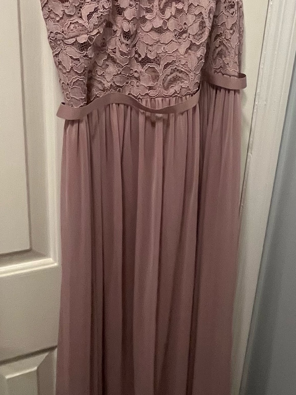 David's Bridal One-Shoulder Lace Chiffon Dress in Dusty Mauve - Picture 5 of 5